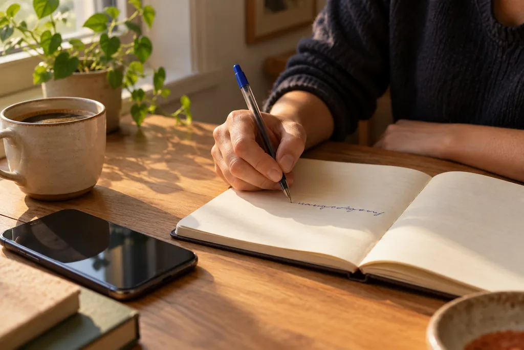 Uma mão escreve com caneta azul num caderno aberto; ao lado, um celular, uma xícara de café e a luz da janela.