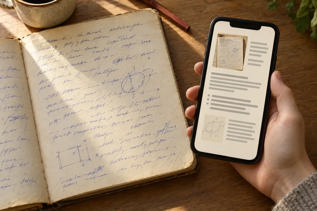 Caderno antigo escrito à mão, com um desenho na página, e um celular ao lado mostrando a mesma página fotografada e o texto transcrito.