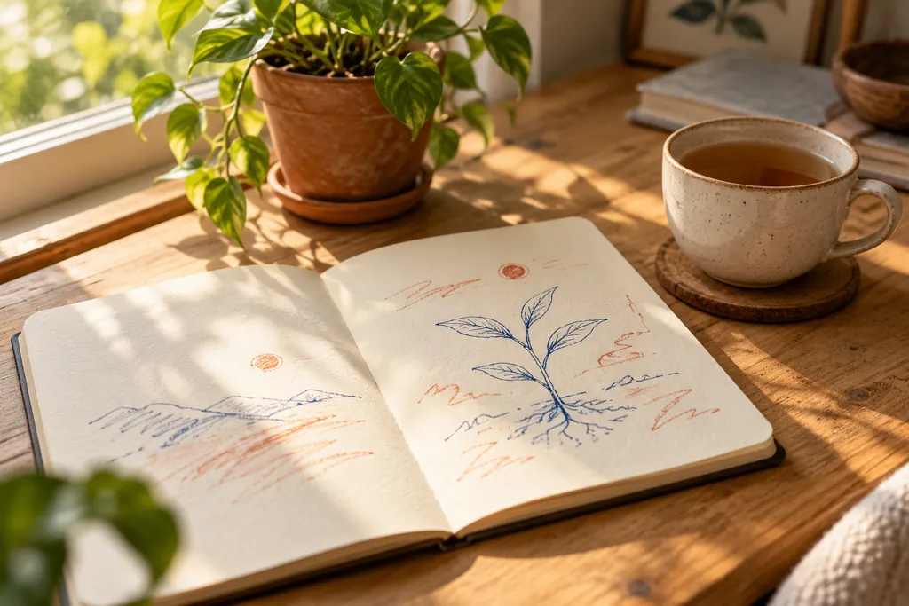 Caderno aberto com um desenho de broto à caneta azul e traços em sanguínea, ao lado de uma planta e uma xícara de chá, perto da janela.