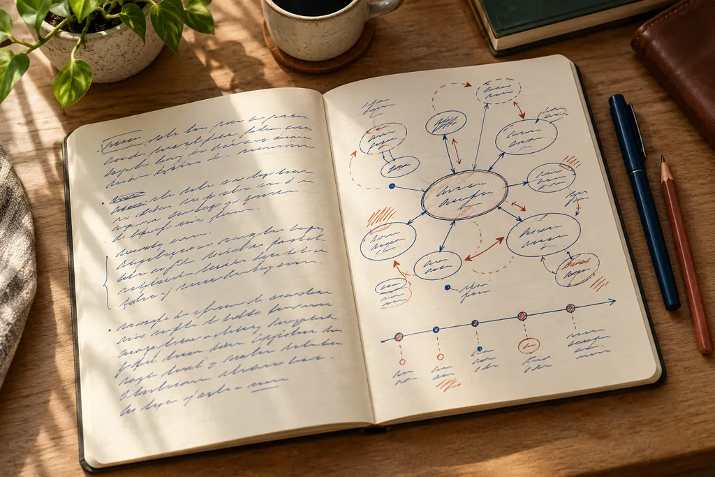 Caderno aberto: à esquerda, anotações manuscritas; à direita, um mapa mental e uma linha do tempo desenhados à caneta azul e lápis sanguínea.